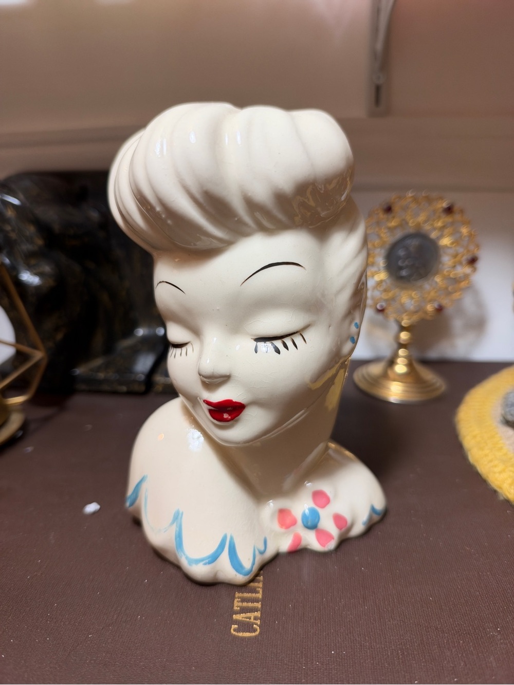 Vintage Ceramic Lady Head Planter - Cream with Red Lips